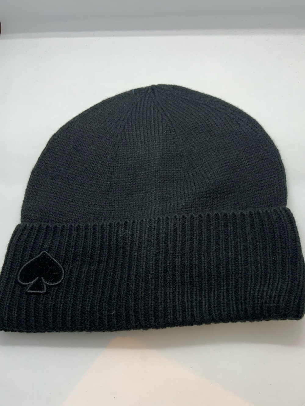 kate spade Black Ribbed Knit Beanie with Spade Patch